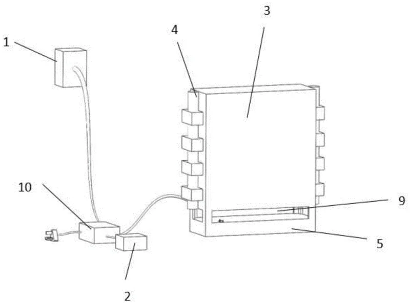 Patent drawing of the conductive-concrete prefabricated component system: the panel, its edge connectors, and the power and control boxes